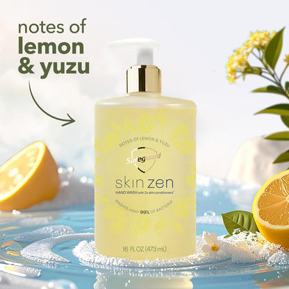 Liquid Hand Soap, Skin Zen, Washes Away 99% Bacteria, Made with Natural Moisturizers & 2X Skin Conditioners, Safeguarding Families, PH Balanced Formula, Lemon & Yuzu Scent, 16 oz
