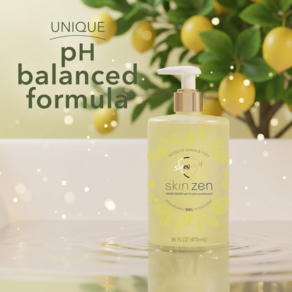 Liquid Hand Soap, Skin Zen, Washes Away 99% Bacteria, Made with Natural Moisturizers & 2X Skin Conditioners, Safeguarding Families, PH Balanced Formula, Lemon & Yuzu Scent, 16 oz