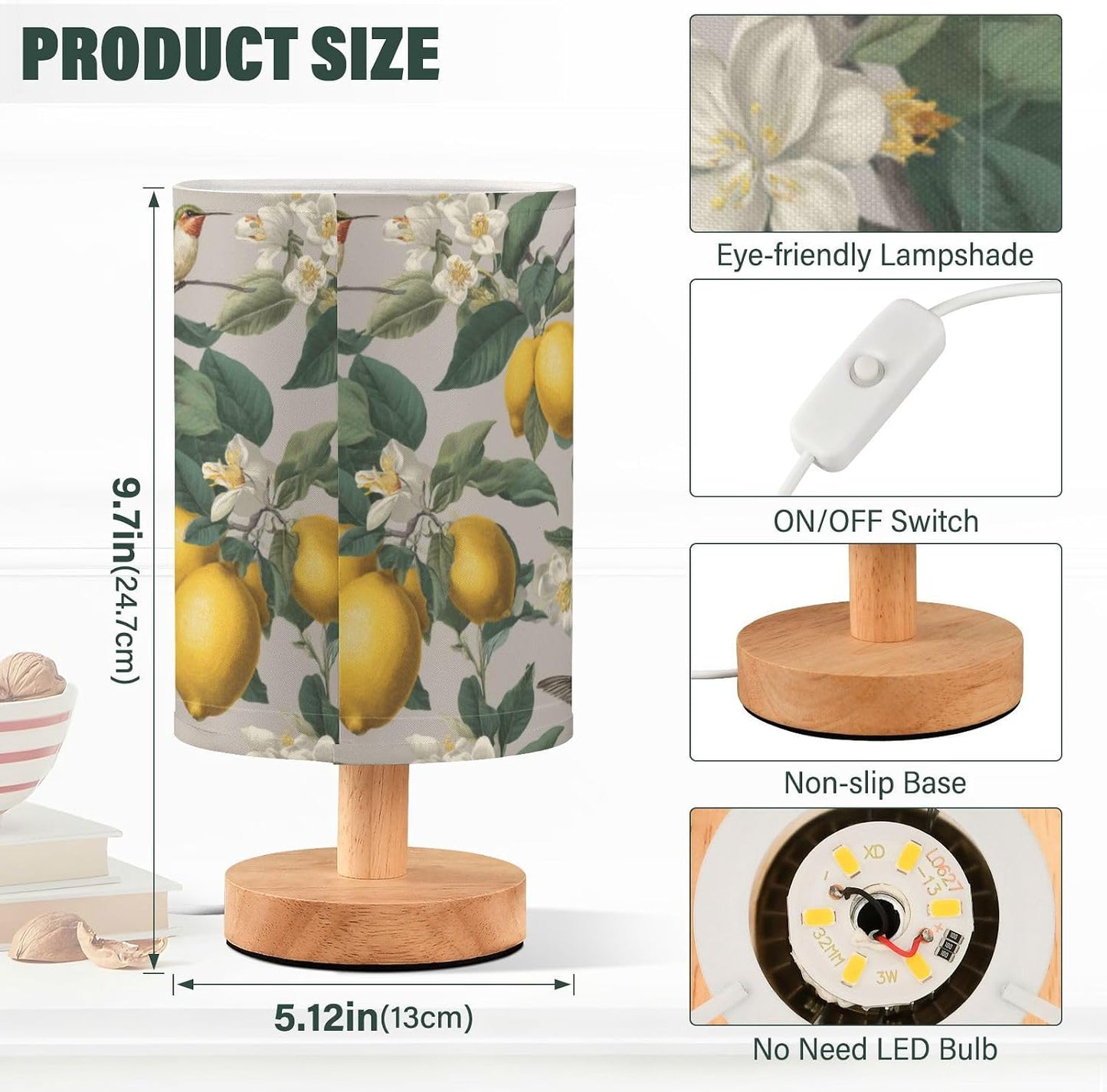 Bedside Table Lamp Lemon Yellow Citrus Fruits (56) Kids Nightstand Lamp Night Light Fabric Shade for Bedroom Living Room Home Office