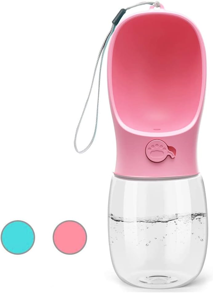 Dog Water Bottle, Leak Proof Portable Puppy Water Dispenser with Drinking Feeder for Pets Outdoor Walking, Hiking, Travel, Food Grade Plastic (12oz Pink)