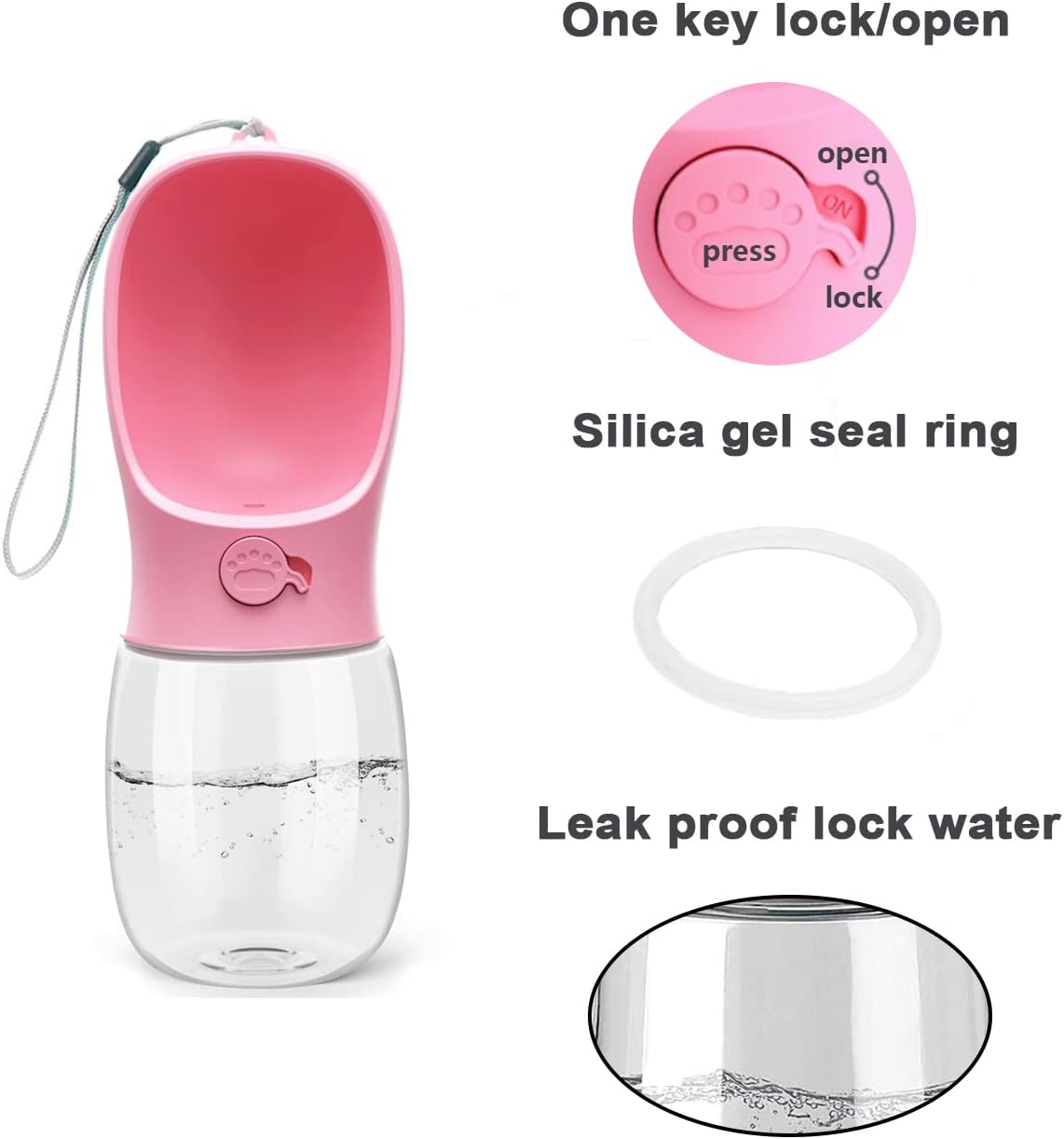 Dog Water Bottle, Leak Proof Portable Puppy Water Dispenser with Drinking Feeder for Pets Outdoor Walking, Hiking, Travel, Food Grade Plastic (12oz Pink)
