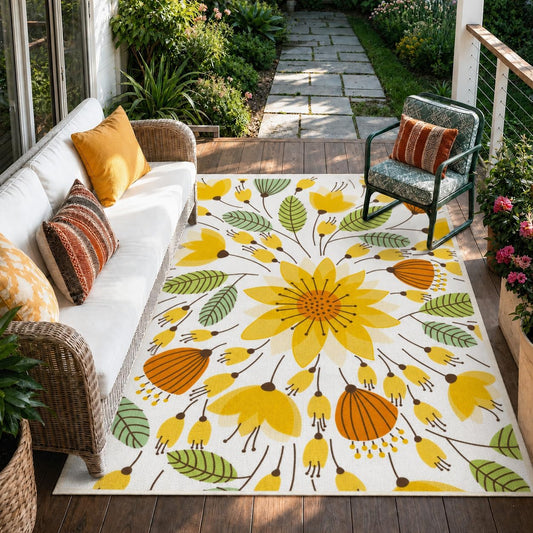 Floral Indoor Outdoor Rug, 5x8ft Non-Slip Outdoor Patio Rug for Camping Picnic, Portable Outdoor Carpet for Balcony Deck Backyard, Large RV Outdoor Rugs for Living Room Bedroom,Yellow