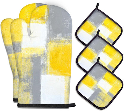5 Pcs Yellow Oven Mitts and Pot Holders Sets, Grey Oven Gloves and Hot Pads for Kitchen Cooking, Abstract Modern Art Oven Mitt Potholder is Both Functional and Decorative