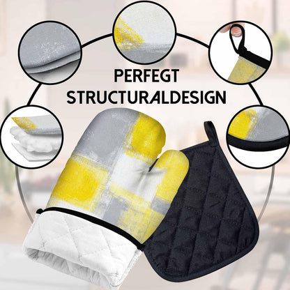 5 Pcs Yellow Oven Mitts and Pot Holders Sets, Grey Oven Gloves and Hot Pads for Kitchen Cooking, Abstract Modern Art Oven Mitt Potholder is Both Functional and Decorative