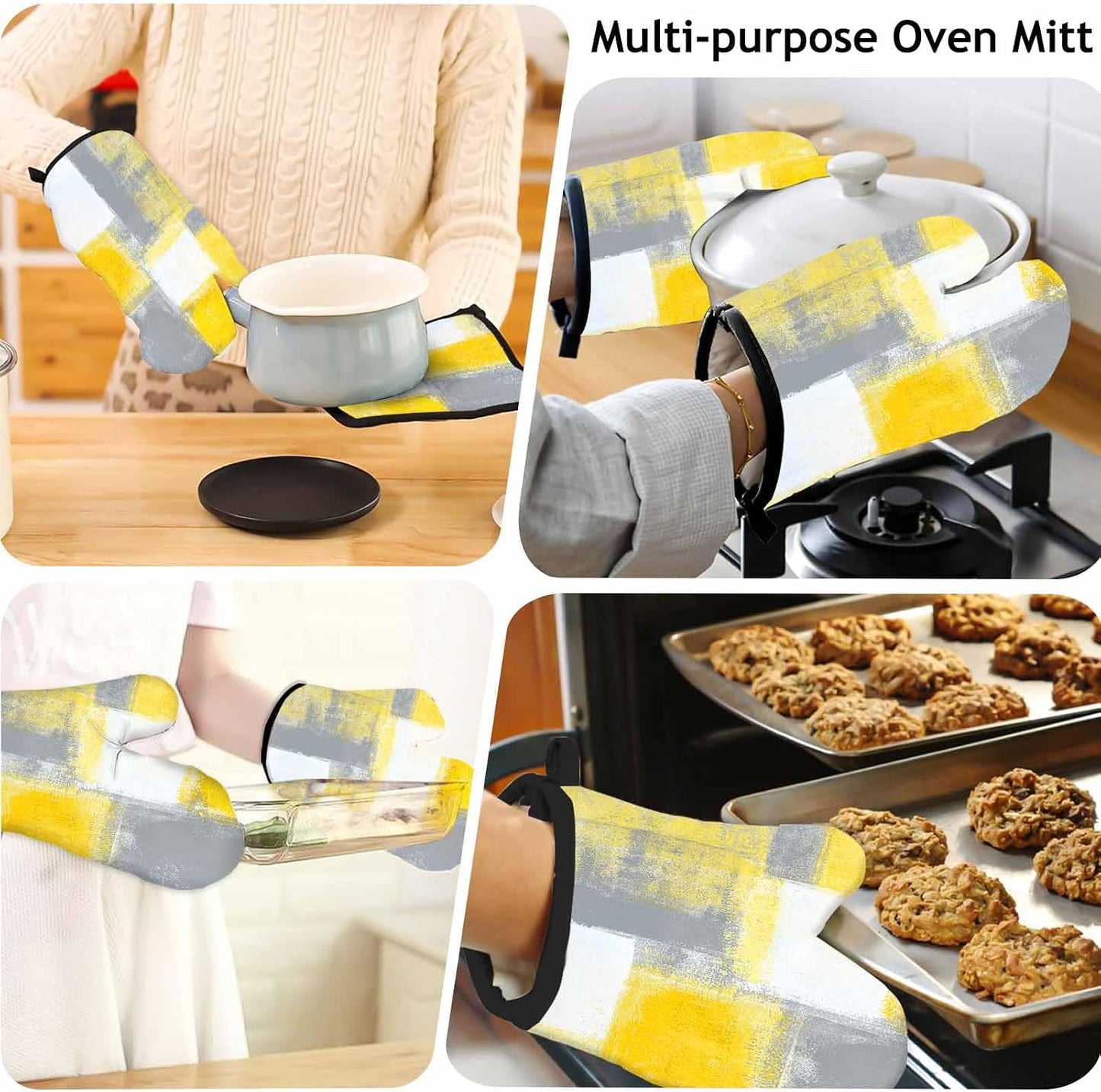 5 Pcs Yellow Oven Mitts and Pot Holders Sets, Grey Oven Gloves and Hot Pads for Kitchen Cooking, Abstract Modern Art Oven Mitt Potholder is Both Functional and Decorative