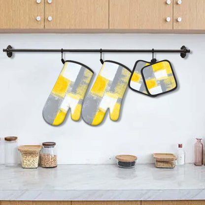 5 Pcs Yellow Oven Mitts and Pot Holders Sets, Grey Oven Gloves and Hot Pads for Kitchen Cooking, Abstract Modern Art Oven Mitt Potholder is Both Functional and Decorative