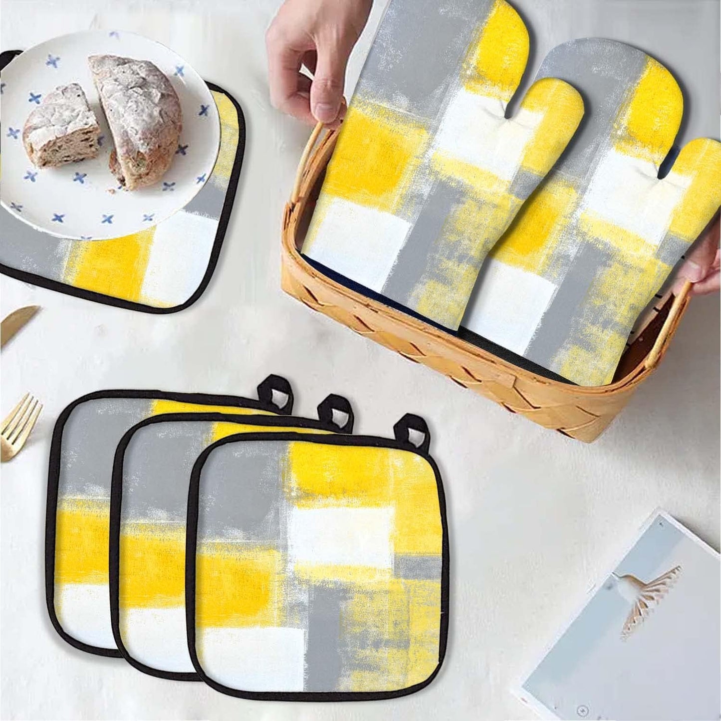 5 Pcs Yellow Oven Mitts and Pot Holders Sets, Grey Oven Gloves and Hot Pads for Kitchen Cooking, Abstract Modern Art Oven Mitt Potholder is Both Functional and Decorative