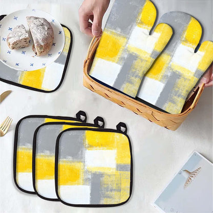 5 Pcs Yellow Oven Mitts and Pot Holders Sets, Grey Oven Gloves and Hot Pads for Kitchen Cooking, Abstract Modern Art Oven Mitt Potholder is Both Functional and Decorative