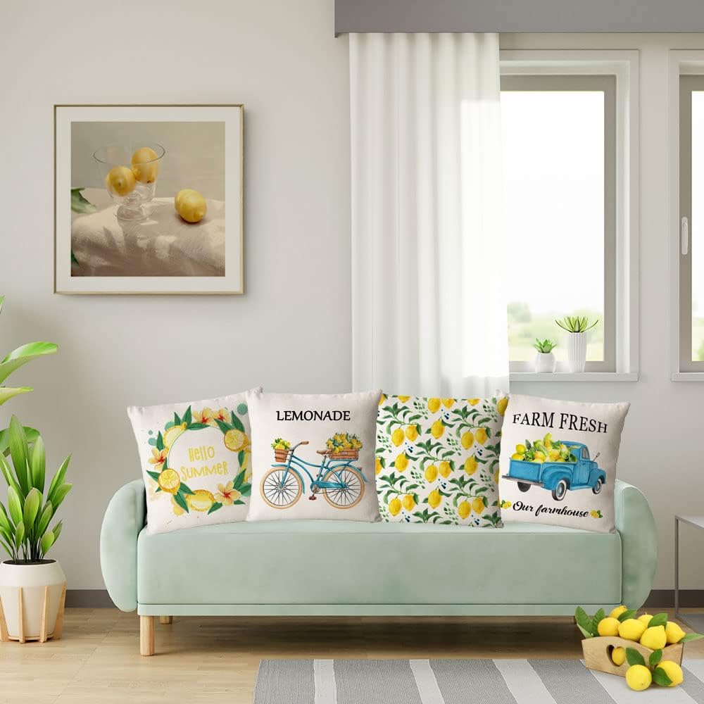 Set of 4 Summer Throw Pillow Covers 16x16 Inch Summer Decorative Lemon Truck Biycle Farmhouse Pillowcase Square Cotton Linen Cushion Covers for Summer Home Décor (16 by 16)