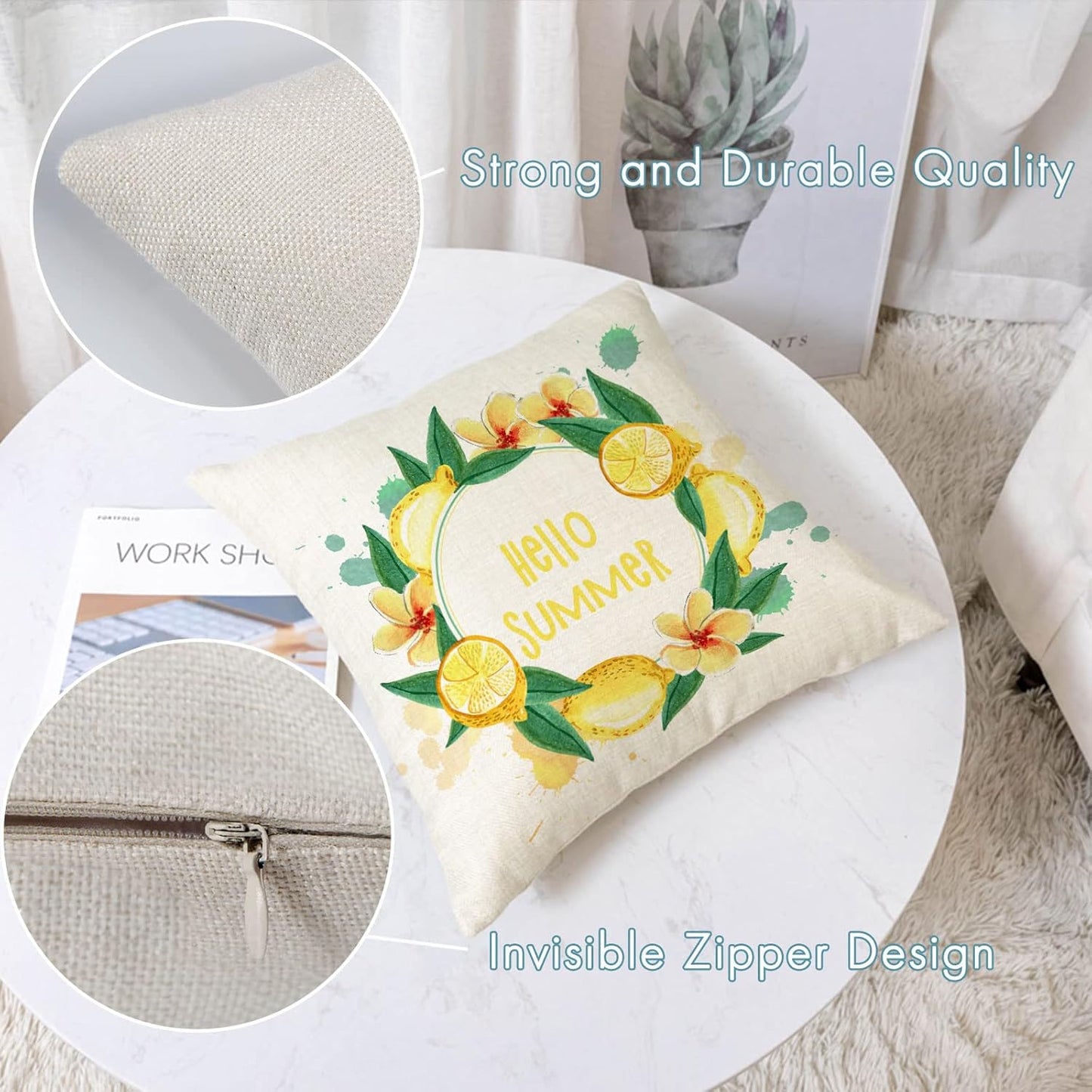Set of 4 Summer Throw Pillow Covers 16x16 Inch Summer Decorative Lemon Truck Biycle Farmhouse Pillowcase Square Cotton Linen Cushion Covers for Summer Home Décor (16 by 16)