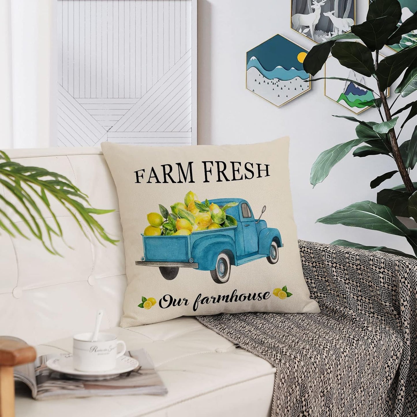 Set of 4 Summer Throw Pillow Covers 16x16 Inch Summer Decorative Lemon Truck Biycle Farmhouse Pillowcase Square Cotton Linen Cushion Covers for Summer Home Décor (16 by 16)