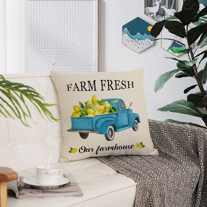 Set of 4 Summer Throw Pillow Covers 16x16 Inch Summer Decorative Lemon Truck Biycle Farmhouse Pillowcase Square Cotton Linen Cushion Covers for Summer Home Décor (16 by 16)
