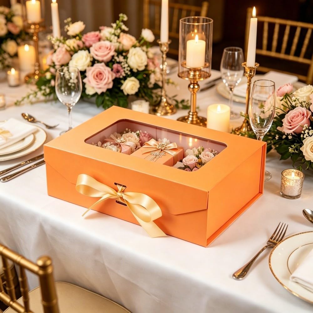 Orange Gift Box for Presents with Ribbon 10.8x7.5x3.5 Inches Clear Gift Box with Window Magnetic Closure Gift Boxes with Lids