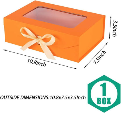 Orange Gift Box for Presents with Ribbon 10.8x7.5x3.5 Inches Clear Gift Box with Window Magnetic Closure Gift Boxes with Lids