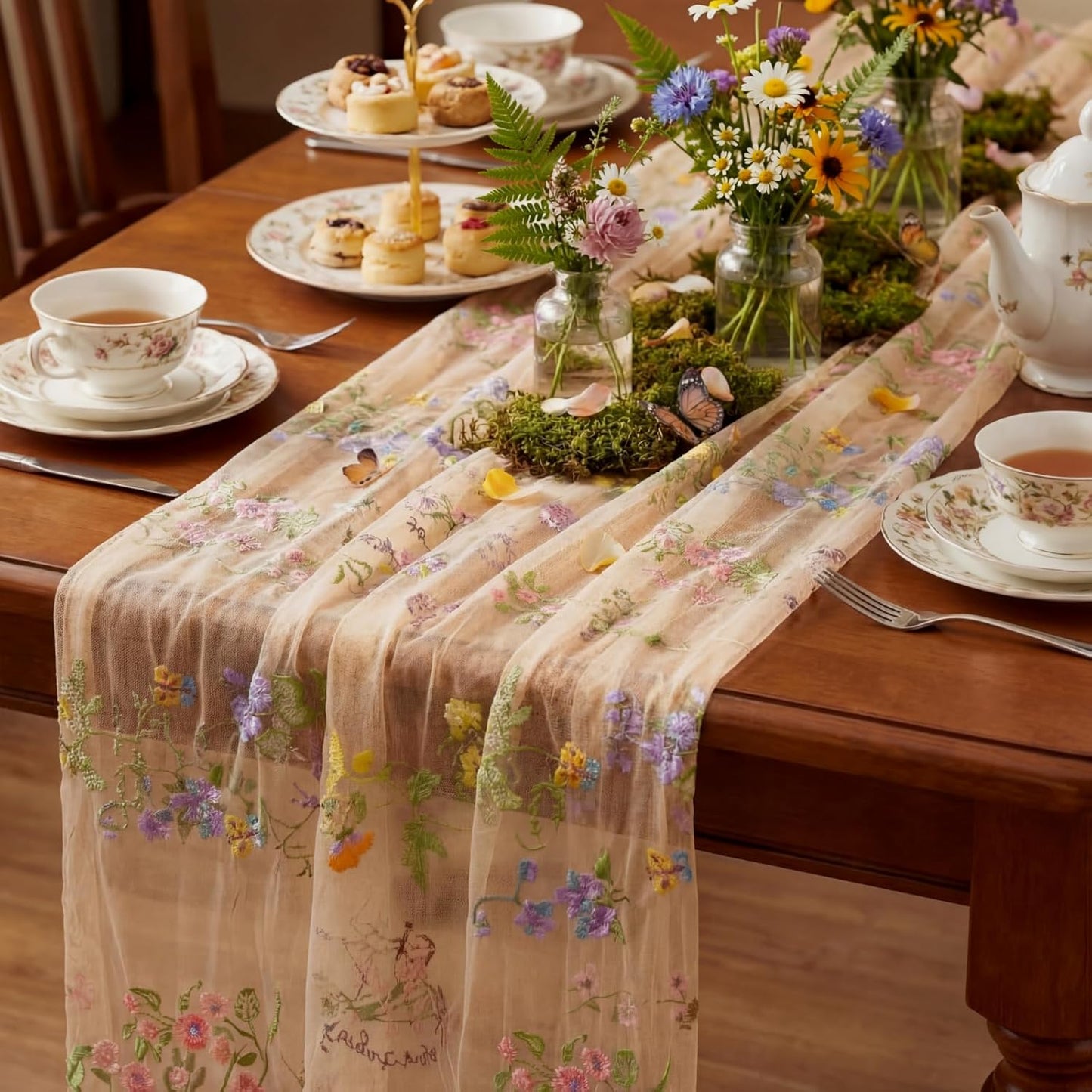 Champagne Floral Table Runner 10ft Embroidery Tulle Spring Wildflower Table Runner Seasonal Summer Butterfly Kitchen Dining Gauze Decoration for Wedding Baby Shower Birthday Party (1 Pcs)