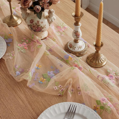 Champagne Floral Table Runner 10ft Embroidery Tulle Spring Wildflower Table Runner Seasonal Summer Butterfly Kitchen Dining Gauze Decoration for Wedding Baby Shower Birthday Party (1 Pcs)