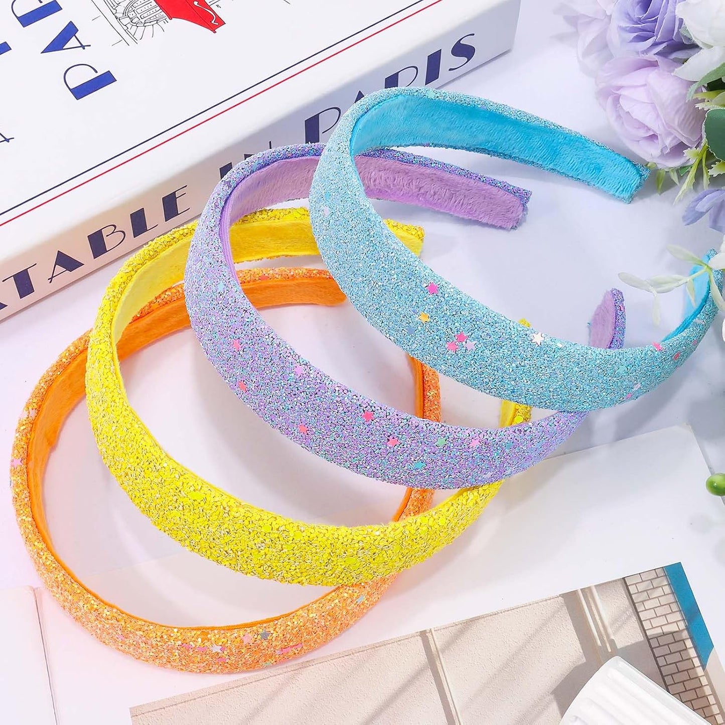 Glitter Headbands for Girls 4Pcs Headband Sparkly Hair Accessories Blue Purple Yellow Orange Headband for girls 4-6, girl headbands 8-12 Bling Head Bands Girl Back to School
