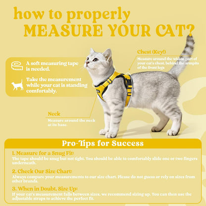 Cat Harness and Leash Set, Escape Proof Vest, Yellow | Soft Breathable Mesh, Easy Adjustable Fit, Snap Buckles, Sturdy Clip, Reflective Strips, for Average Cats Walks, S