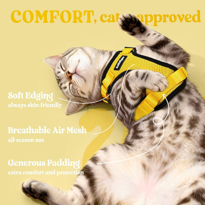 Cat Harness and Leash Set, Escape Proof Vest, Yellow | Soft Breathable Mesh, Easy Adjustable Fit, Snap Buckles, Sturdy Clip, Reflective Strips, for Average Cats Walks, S