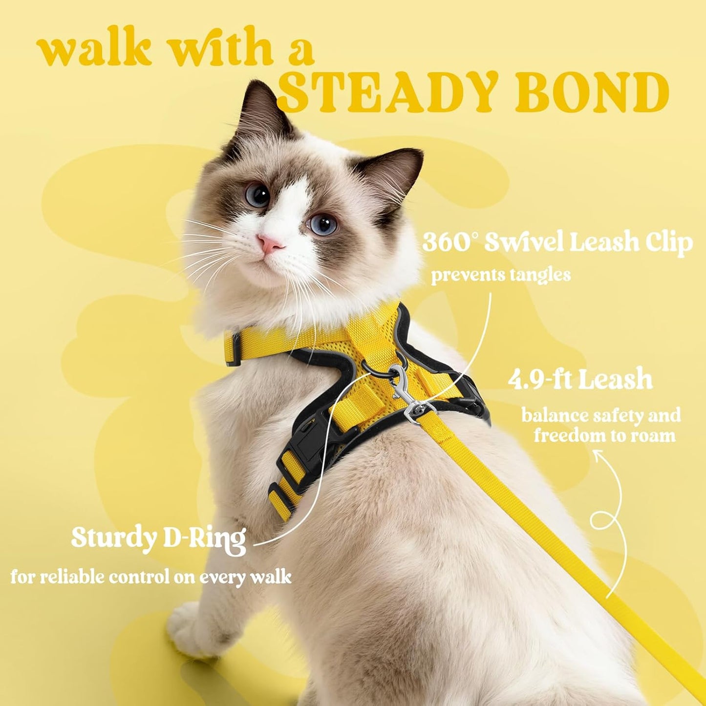 Cat Harness and Leash Set, Escape Proof Vest, Yellow | Soft Breathable Mesh, Easy Adjustable Fit, Snap Buckles, Sturdy Clip, Reflective Strips, for Average Cats Walks, S