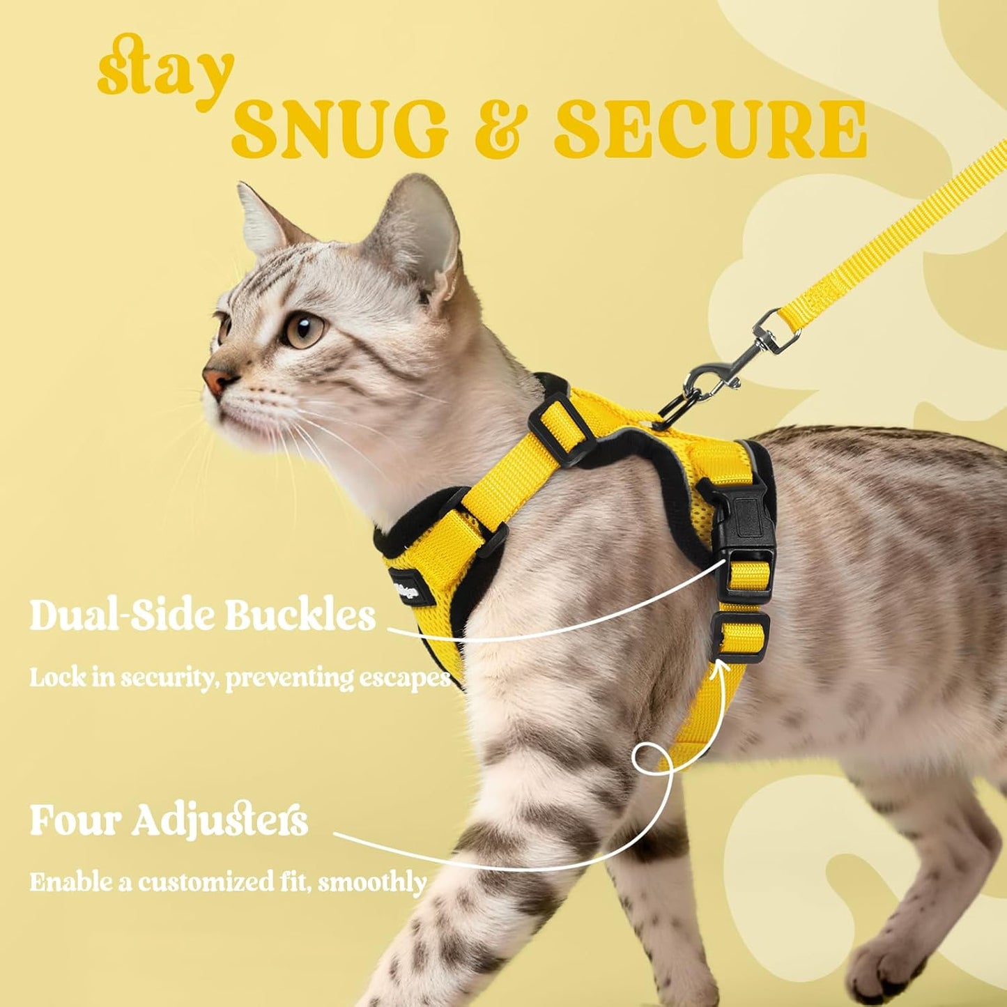 Cat Harness and Leash Set, Escape Proof Vest, Yellow | Soft Breathable Mesh, Easy Adjustable Fit, Snap Buckles, Sturdy Clip, Reflective Strips, for Average Cats Walks, S