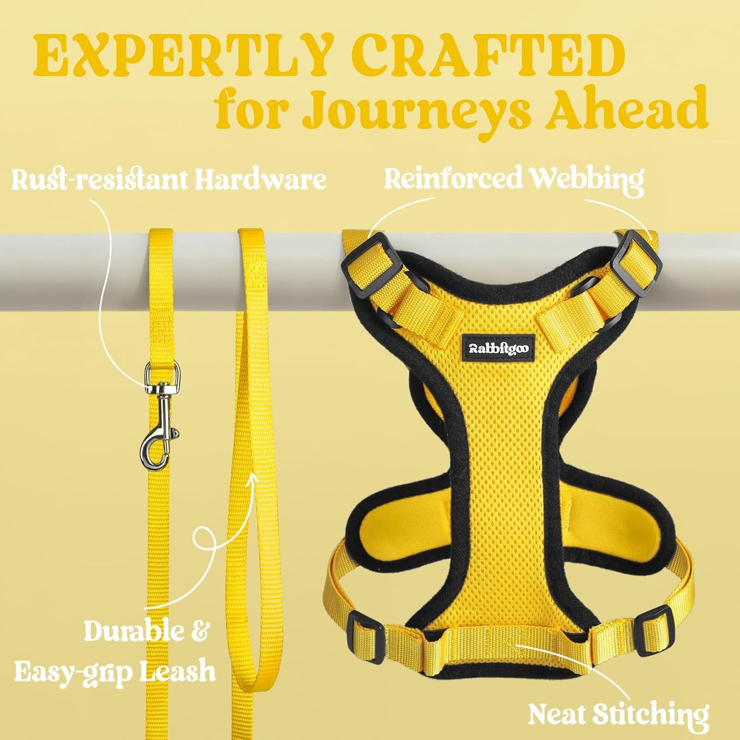 Cat Harness and Leash Set, Escape Proof Vest, Yellow | Soft Breathable Mesh, Easy Adjustable Fit, Snap Buckles, Sturdy Clip, Reflective Strips, for Average Cats Walks, S