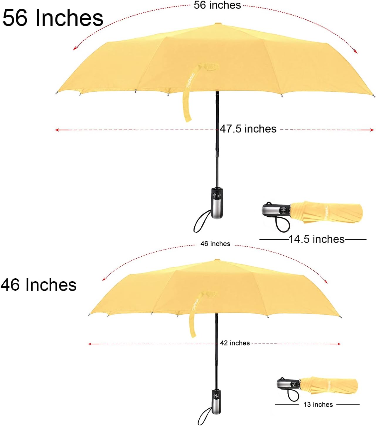 Travel Umbrella Windproof 46 Inches Canopy, Yellow | 10 Reinforced Fiberglass Ribs Ergonomic Handle Auto Open & Close