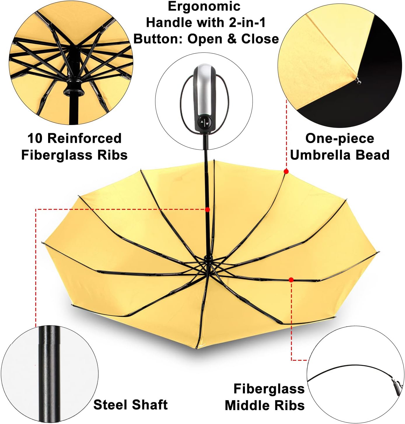 Travel Umbrella Windproof 46 Inches Canopy, Yellow | 10 Reinforced Fiberglass Ribs Ergonomic Handle Auto Open & Close