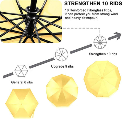 Travel Umbrella Windproof 46 Inches Canopy, Yellow | 10 Reinforced Fiberglass Ribs Ergonomic Handle Auto Open & Close