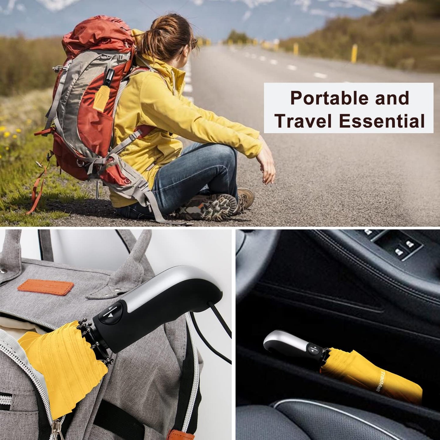 Travel Umbrella Windproof 46 Inches Canopy, Yellow | 10 Reinforced Fiberglass Ribs Ergonomic Handle Auto Open & Close