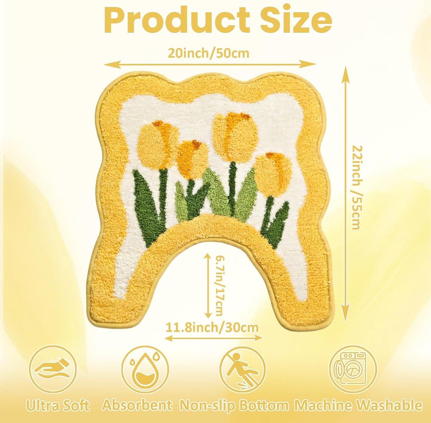 Tulip Flower U-Shaped Toilet Mat, Romantic Floral Non-Slip Bath Rug with Wave Edge Design, Soft Absorbent Microfiber Floor Mat for Toilet Base, Machine Washable Bathroom Decor (U-shaped Yellow)