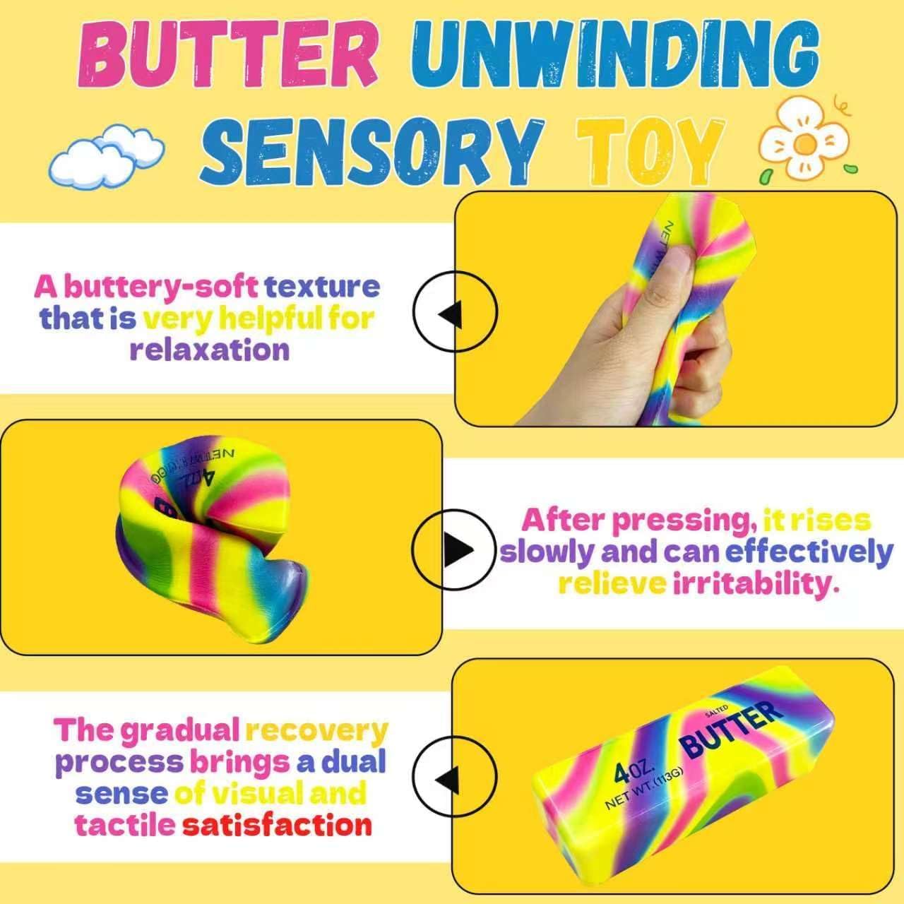 Butter Squishy, Rainbow Butter Squishy Stress Relief, Fidget Tool for Anxiety Management, Office Desktop Sensory Stimulation, Yellow Stick 14 x 4 x 4 cm