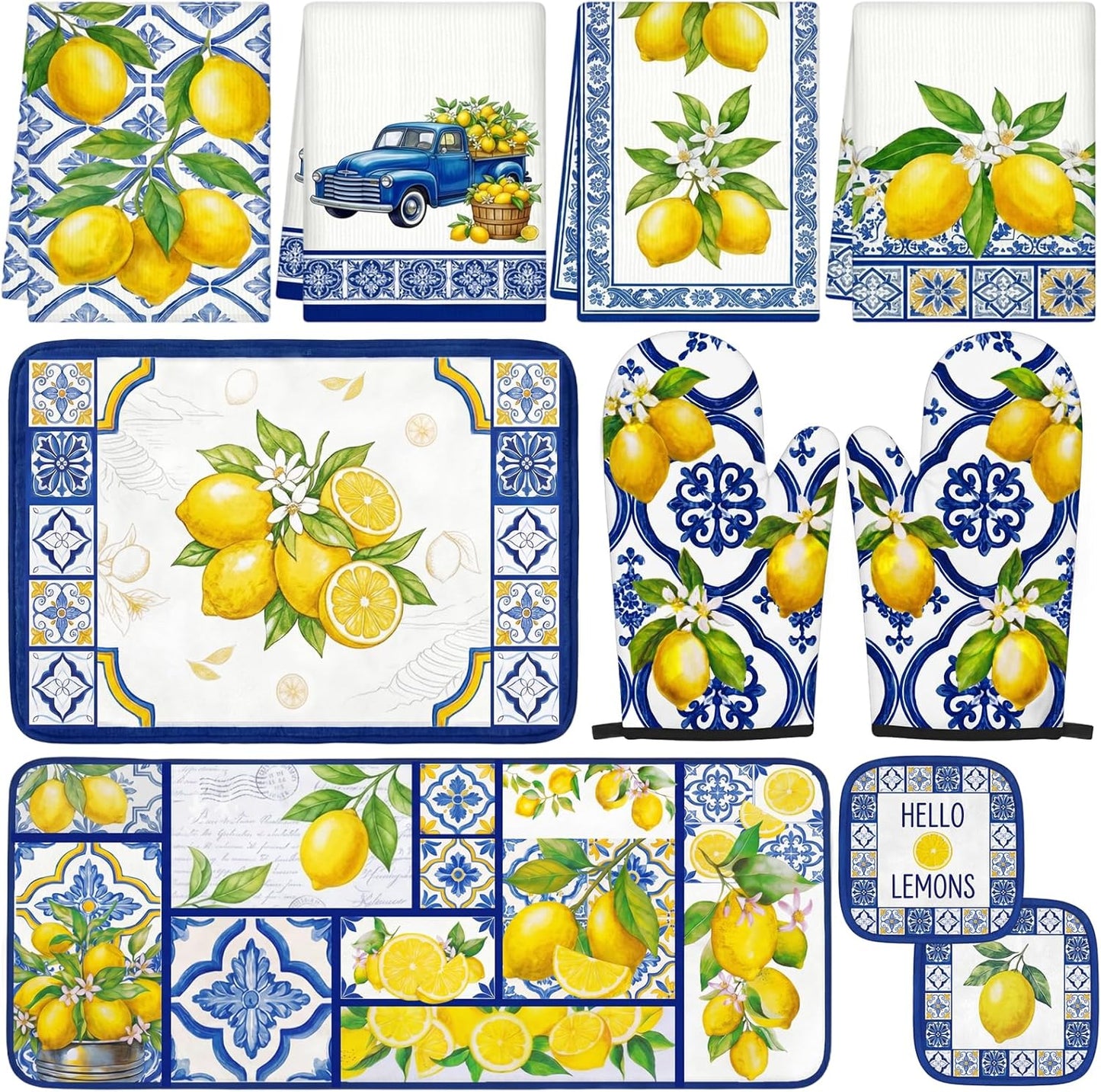 10Pcs Lemon Kitchen Decor Set Italian Capri Tiles Yellow Blue Towels Pot Holders Oven Mitts Mats for Summer Home Baking Gifts