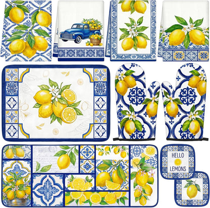 10Pcs Lemon Kitchen Decor Set Italian Capri Tiles Yellow Blue Towels Pot Holders Oven Mitts Mats for Summer Home Baking Gifts