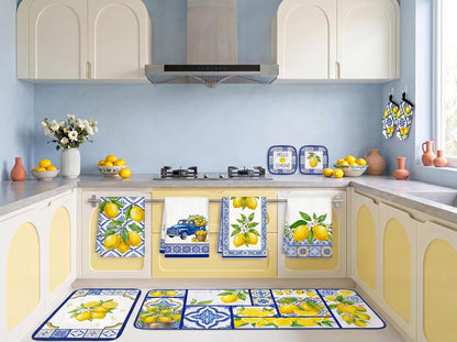 10Pcs Lemon Kitchen Decor Set Italian Capri Tiles Yellow Blue Towels Pot Holders Oven Mitts Mats for Summer Home Baking Gifts