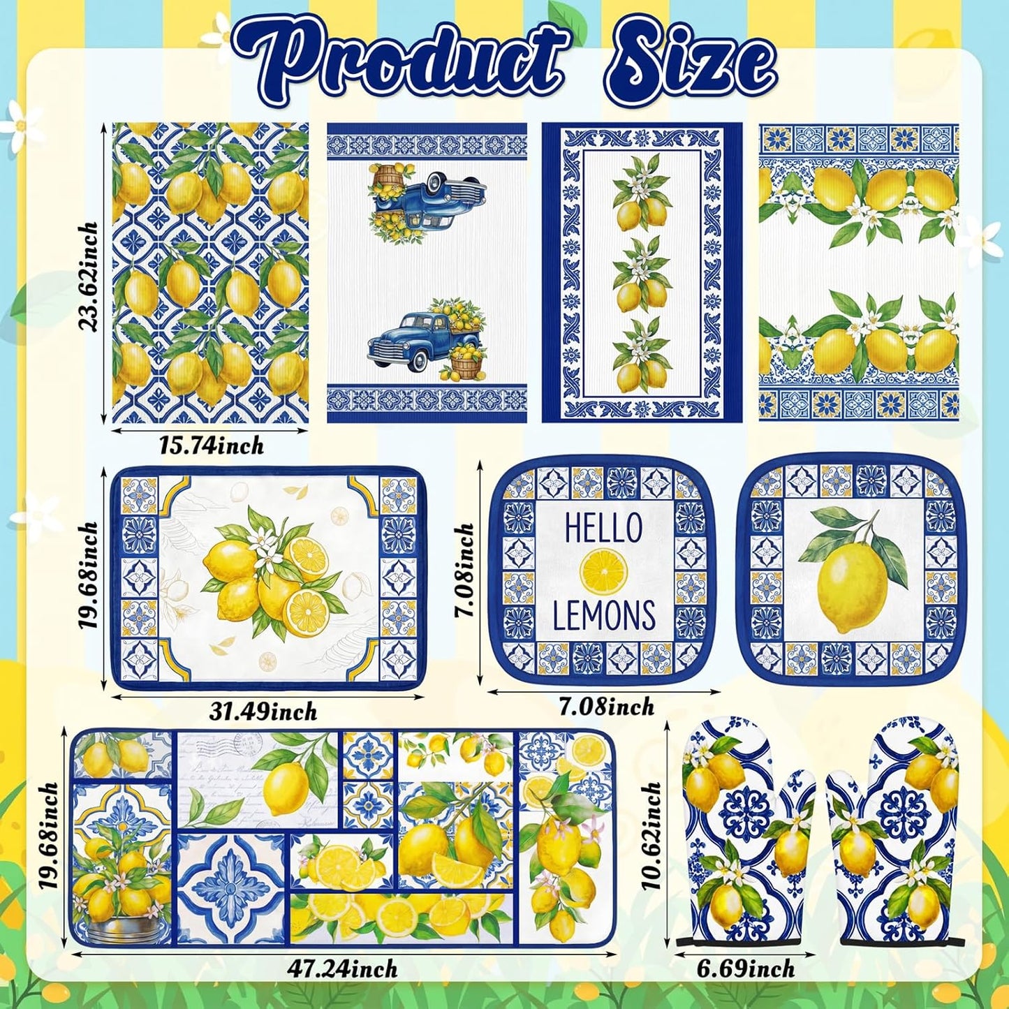 10Pcs Lemon Kitchen Decor Set Italian Capri Tiles Yellow Blue Towels Pot Holders Oven Mitts Mats for Summer Home Baking Gifts