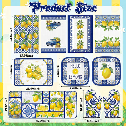 10Pcs Lemon Kitchen Decor Set Italian Capri Tiles Yellow Blue Towels Pot Holders Oven Mitts Mats for Summer Home Baking Gifts