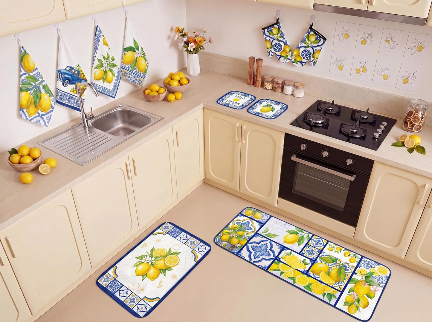 10Pcs Lemon Kitchen Decor Set Italian Capri Tiles Yellow Blue Towels Pot Holders Oven Mitts Mats for Summer Home Baking Gifts