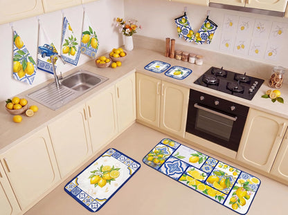 10Pcs Lemon Kitchen Decor Set Italian Capri Tiles Yellow Blue Towels Pot Holders Oven Mitts Mats for Summer Home Baking Gifts