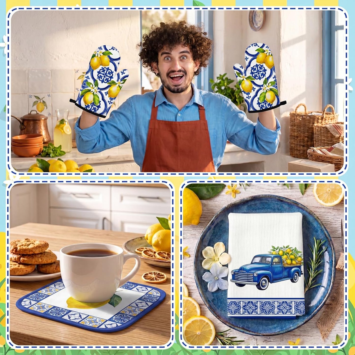 10Pcs Lemon Kitchen Decor Set Italian Capri Tiles Yellow Blue Towels Pot Holders Oven Mitts Mats for Summer Home Baking Gifts