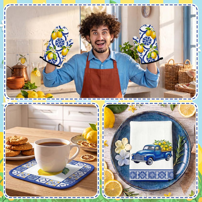 10Pcs Lemon Kitchen Decor Set Italian Capri Tiles Yellow Blue Towels Pot Holders Oven Mitts Mats for Summer Home Baking Gifts