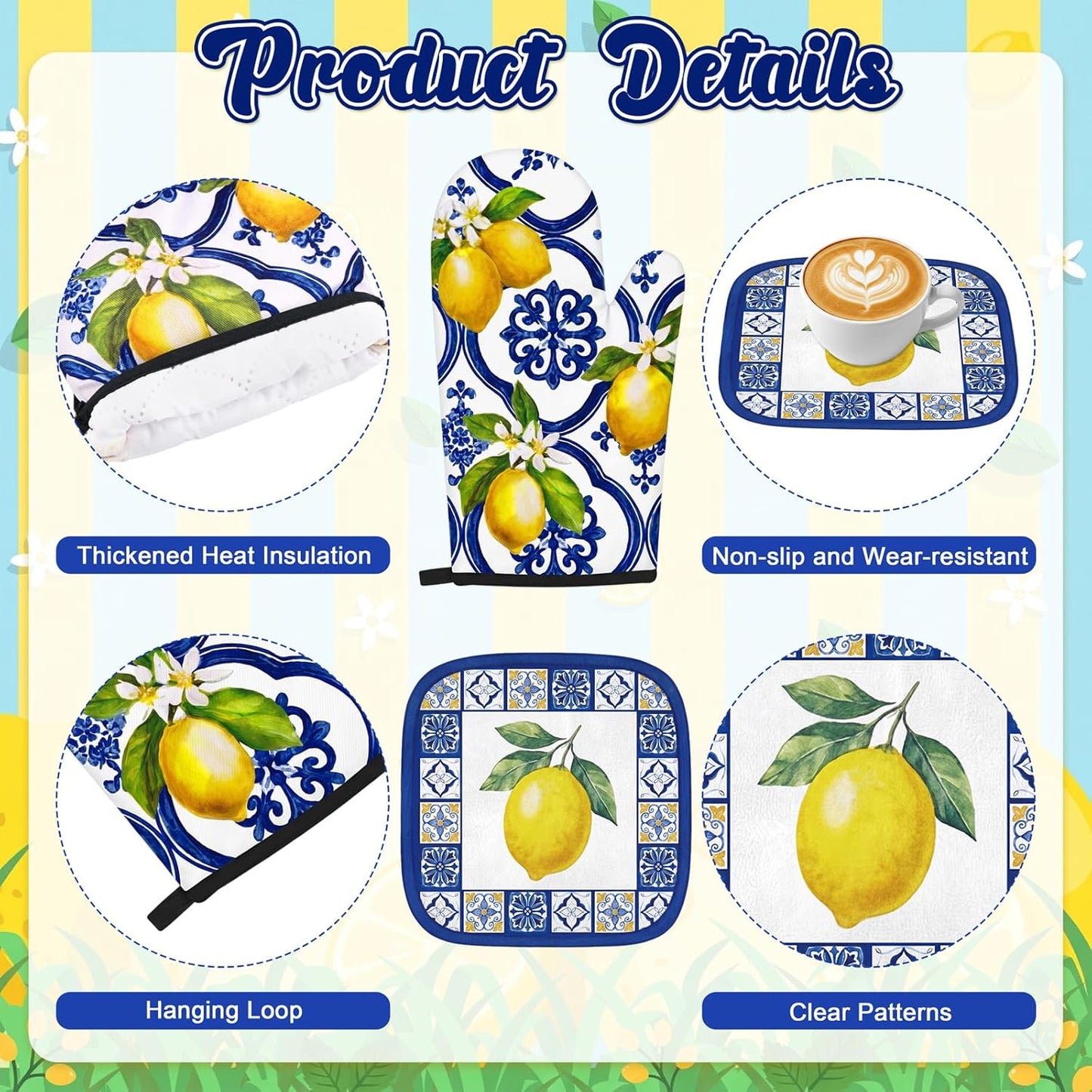 10Pcs Lemon Kitchen Decor Set Italian Capri Tiles Yellow Blue Towels Pot Holders Oven Mitts Mats for Summer Home Baking Gifts