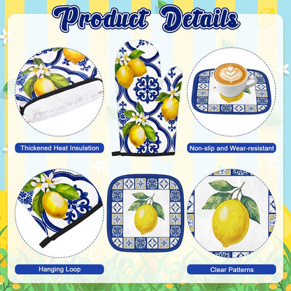10Pcs Lemon Kitchen Decor Set Italian Capri Tiles Yellow Blue Towels Pot Holders Oven Mitts Mats for Summer Home Baking Gifts