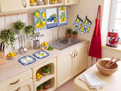 10Pcs Lemon Kitchen Decor Set Italian Capri Tiles Yellow Blue Towels Pot Holders Oven Mitts Mats for Summer Home Baking Gifts