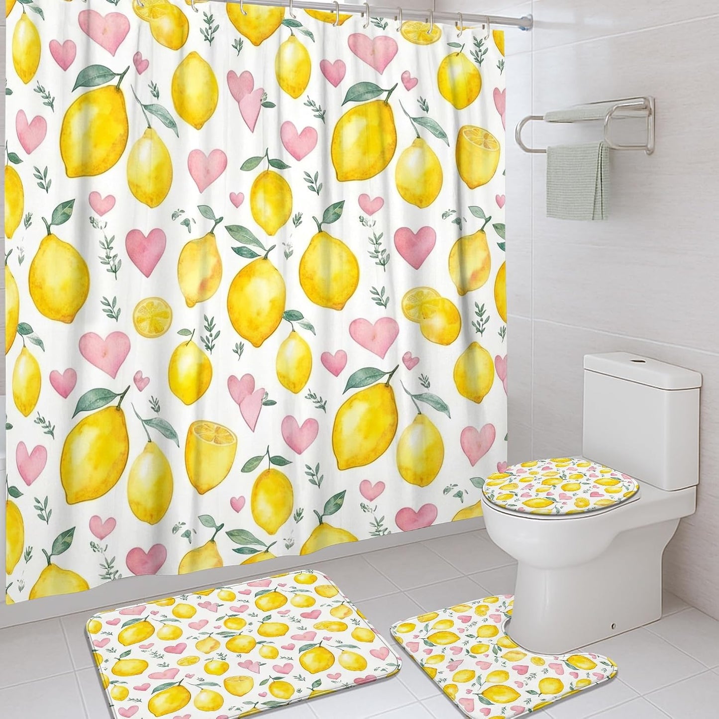 Lemon Shower Curtain Sets, Summer Fanciful Heart Leaf Summer Yellow Washable with Hooks Bathroom Sets with Shower Curtain and Rugs Decorative for Toile Guest Room 72x72 Inch