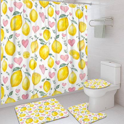 Lemon Shower Curtain Sets, Summer Fanciful Heart Leaf Summer Yellow Washable with Hooks Bathroom Sets with Shower Curtain and Rugs Decorative for Toile Guest Room 72x72 Inch