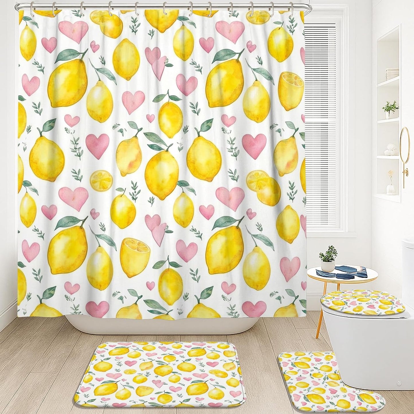 Lemon Shower Curtain Sets, Summer Fanciful Heart Leaf Summer Yellow Washable with Hooks Bathroom Sets with Shower Curtain and Rugs Decorative for Toile Guest Room 72x72 Inch