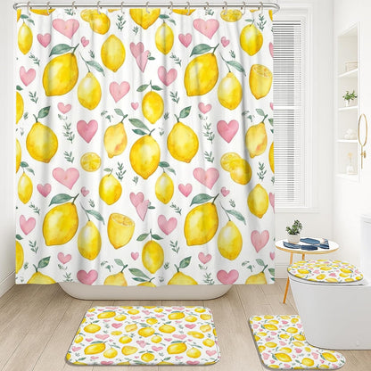 Lemon Shower Curtain Sets, Summer Fanciful Heart Leaf Summer Yellow Washable with Hooks Bathroom Sets with Shower Curtain and Rugs Decorative for Toile Guest Room 72x72 Inch