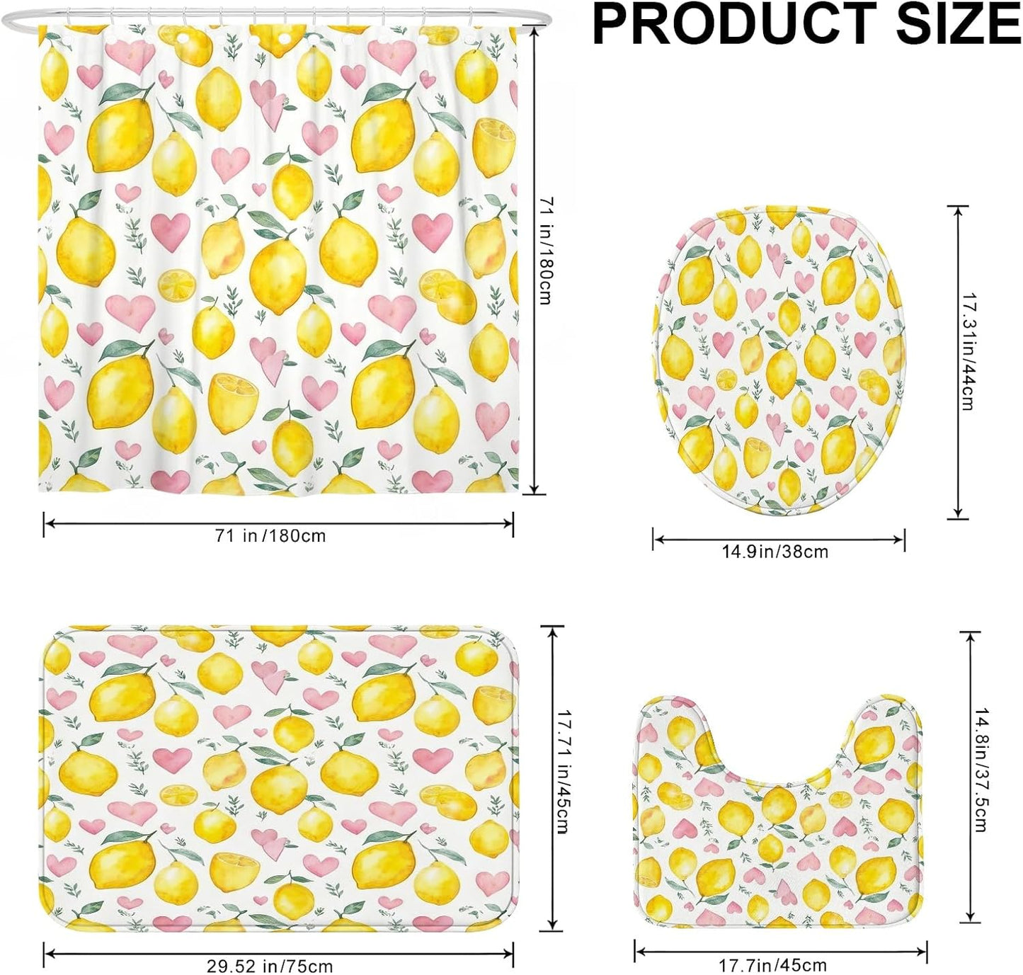 Lemon Shower Curtain Sets, Summer Fanciful Heart Leaf Summer Yellow Washable with Hooks Bathroom Sets with Shower Curtain and Rugs Decorative for Toile Guest Room 72x72 Inch
