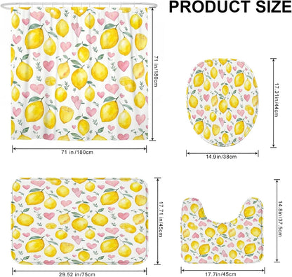 Lemon Shower Curtain Sets, Summer Fanciful Heart Leaf Summer Yellow Washable with Hooks Bathroom Sets with Shower Curtain and Rugs Decorative for Toile Guest Room 72x72 Inch